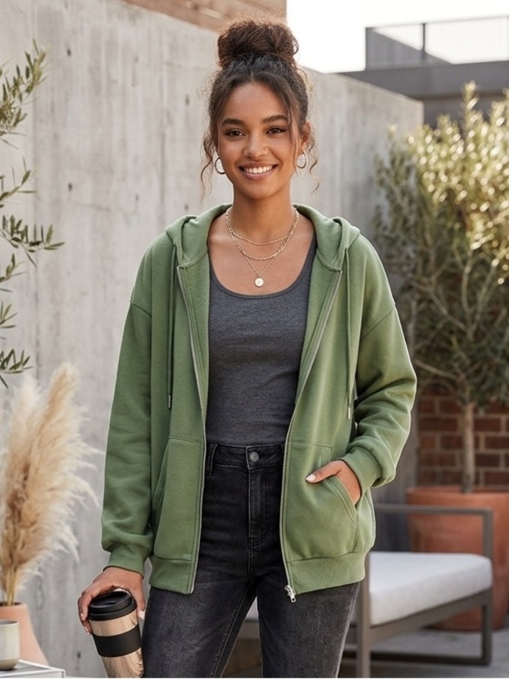 Sage Green Oversized Zip-Up Hoodie – Size S (Fits Oversized)